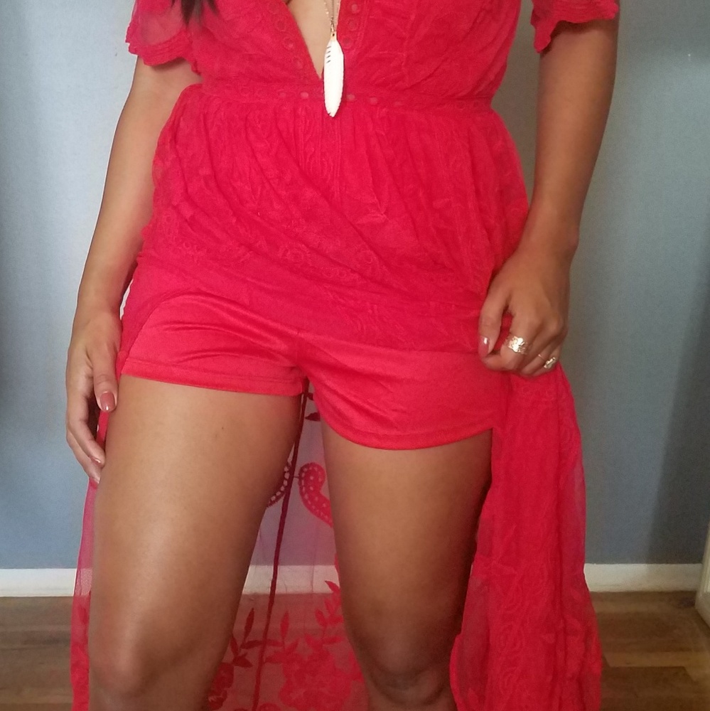 BOHO RED EMBROIDERED MAXI ROMPER DRESS - Picture 7 of 8